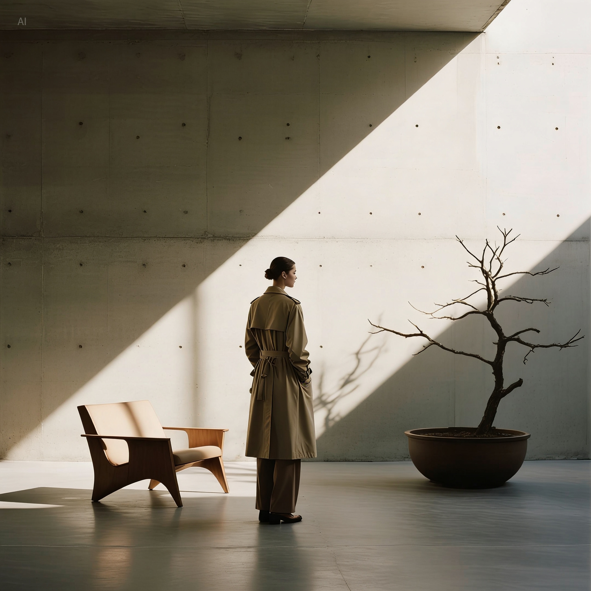 Keep the composition and lighting direction unchanged. Replace the pine bonsai on the right with a minimalist dried branch arrangement (leafless twigs). Crucial: The shadow on the wall must change to match the shape of the dried branches, showing sparse, lonely linear shadows.