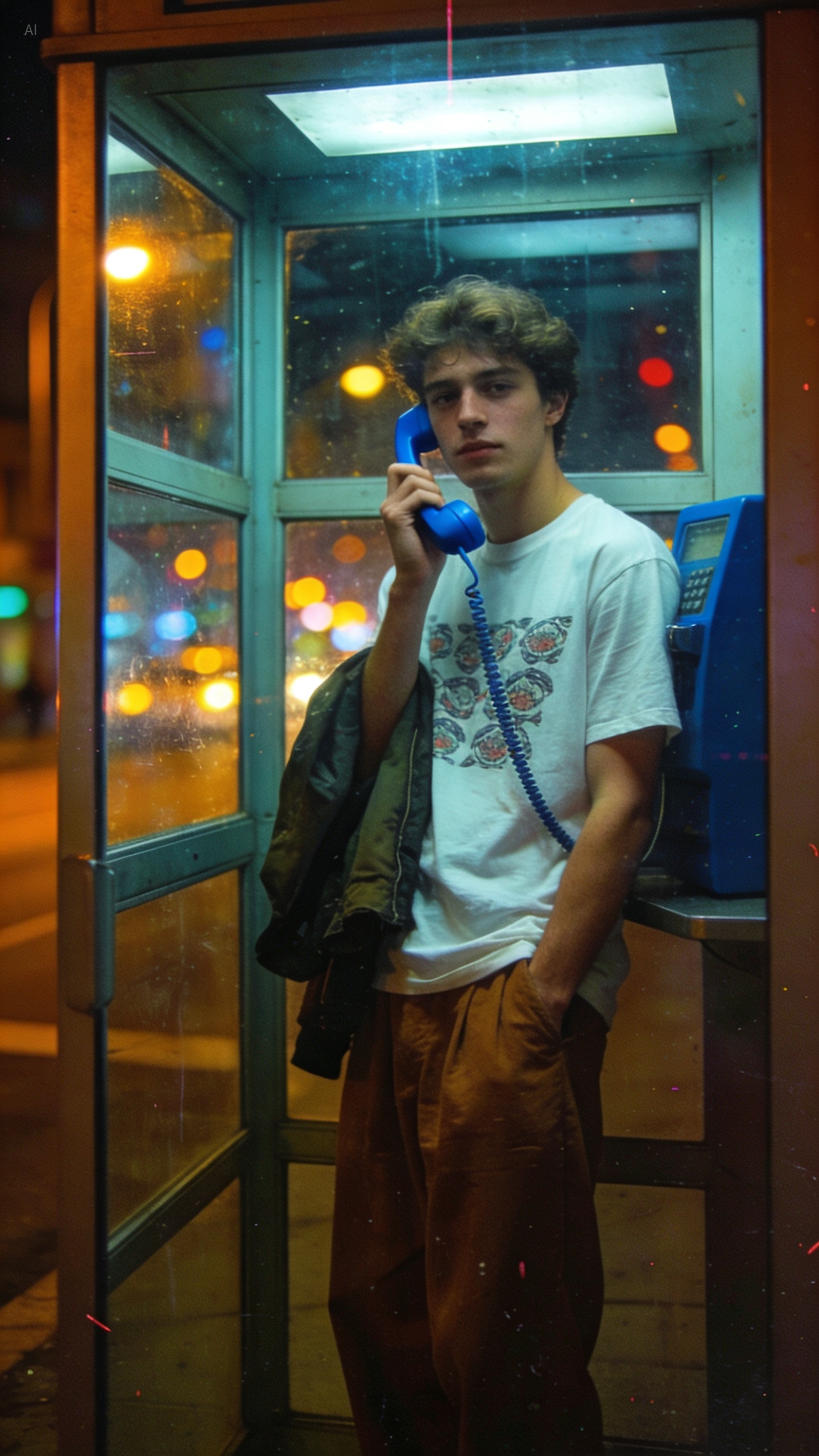 Nighttime outdoor photoshoot: A young man stands inside a public phone booth, holding a blue phone receiver to his ear. One hand is casually tucked into his pocket, and he strikes a relaxed posture. He wears a white T-shirt with a pattern, loose brown pants, and a jacket draped over his arm. The booth’s glass reflects city streetlights with a bokeh effect, creating a vintage film style.