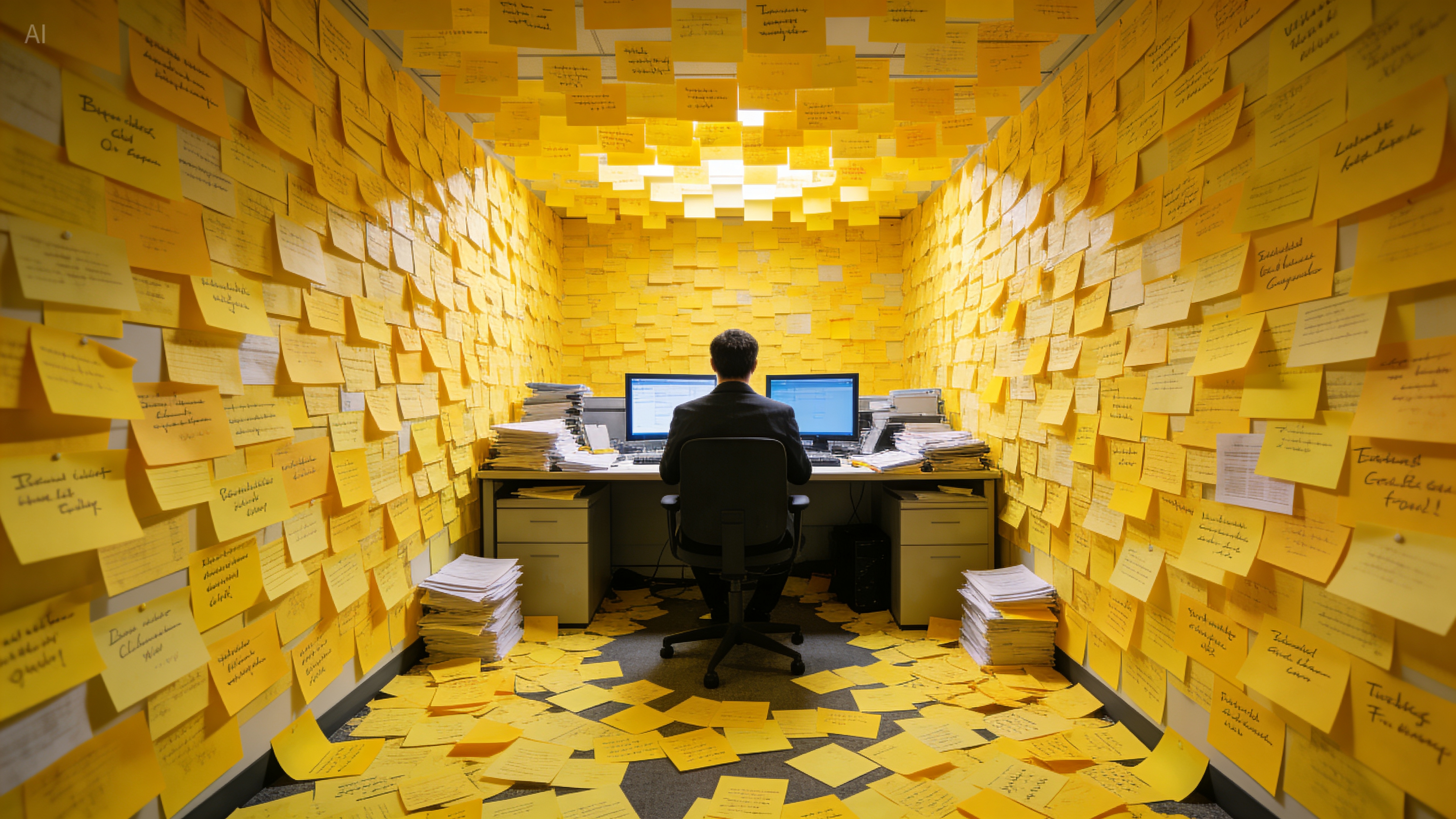 An extremely visually striking office scene: A professional sits at a workstation cluttered with documents and two additional monitors, while the entire space is densely covered with a vast number of yellow sticky notes—spreading from the walls to the ceiling and scattered across the floor. Each sticky note is filled with handwritten text, as if representing countless pending tasks or pieces of information, with the visual focus guided by the sticky notes converging on the professional's position.