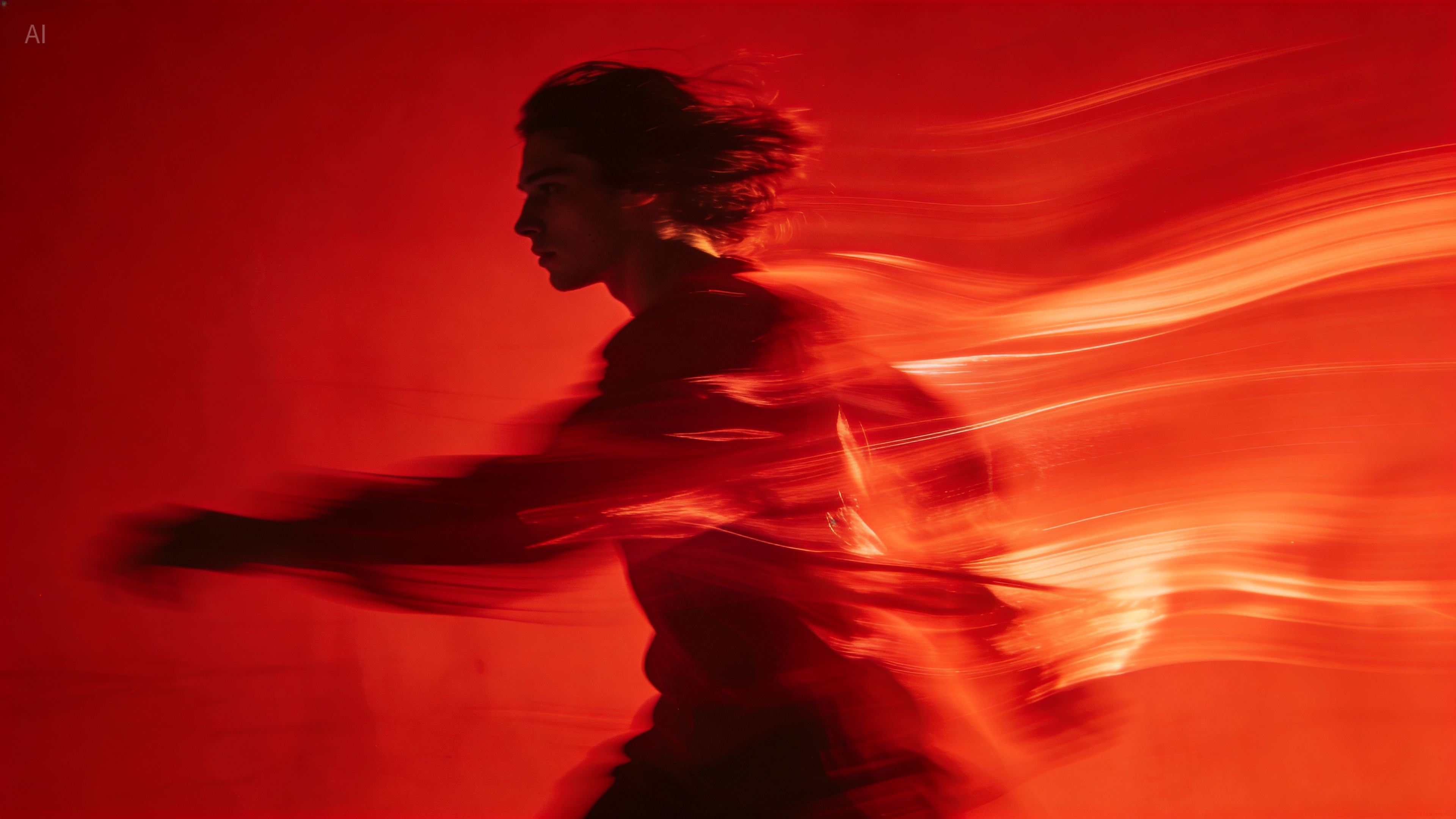 Dynamic Motion Portrait A dynamic long-exposure shot of a person in motion against a vivid red background, creating a fluid and artistic visual effect.