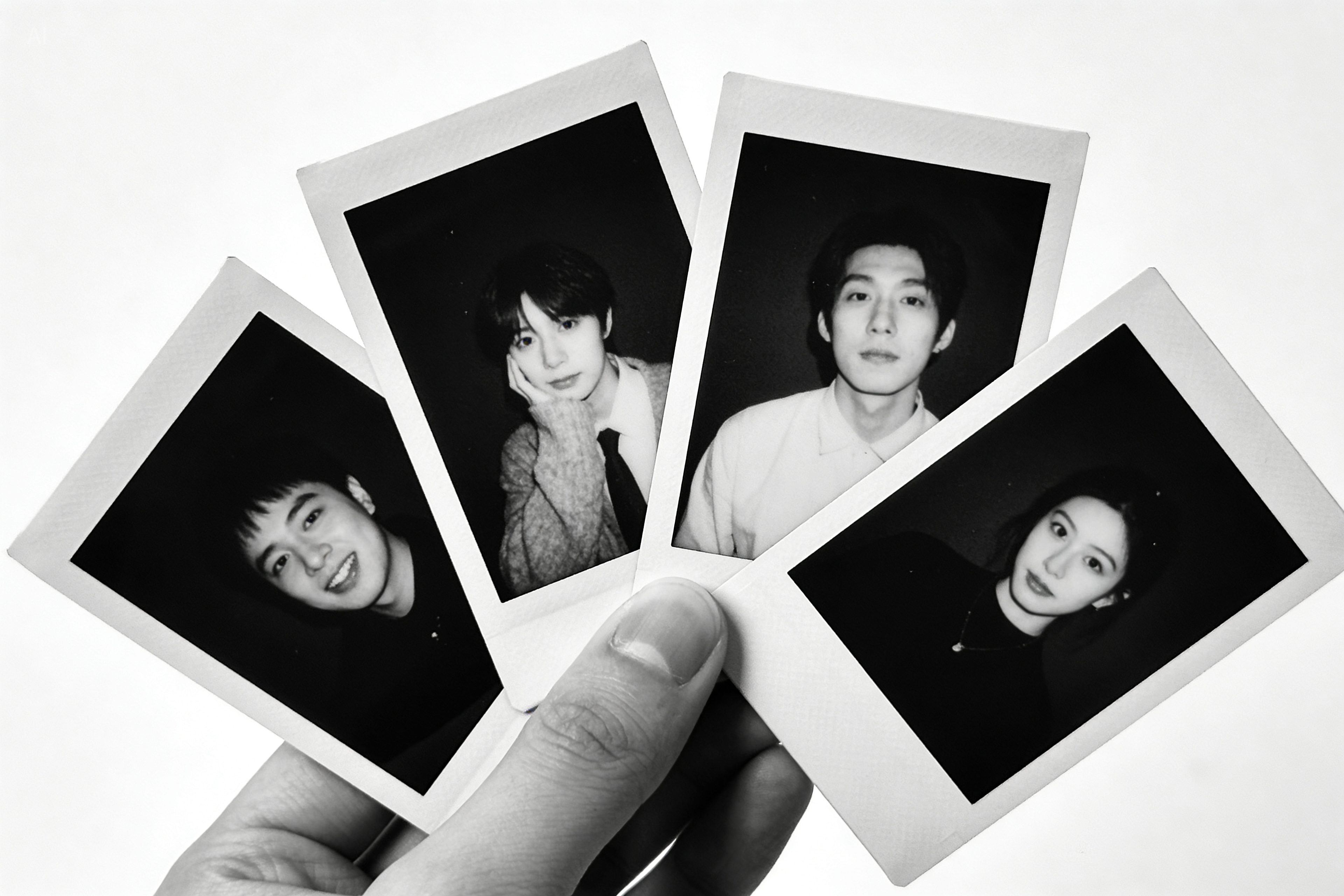 A hand holds four black and white polaroid-style photos of portrait against a blank white background.