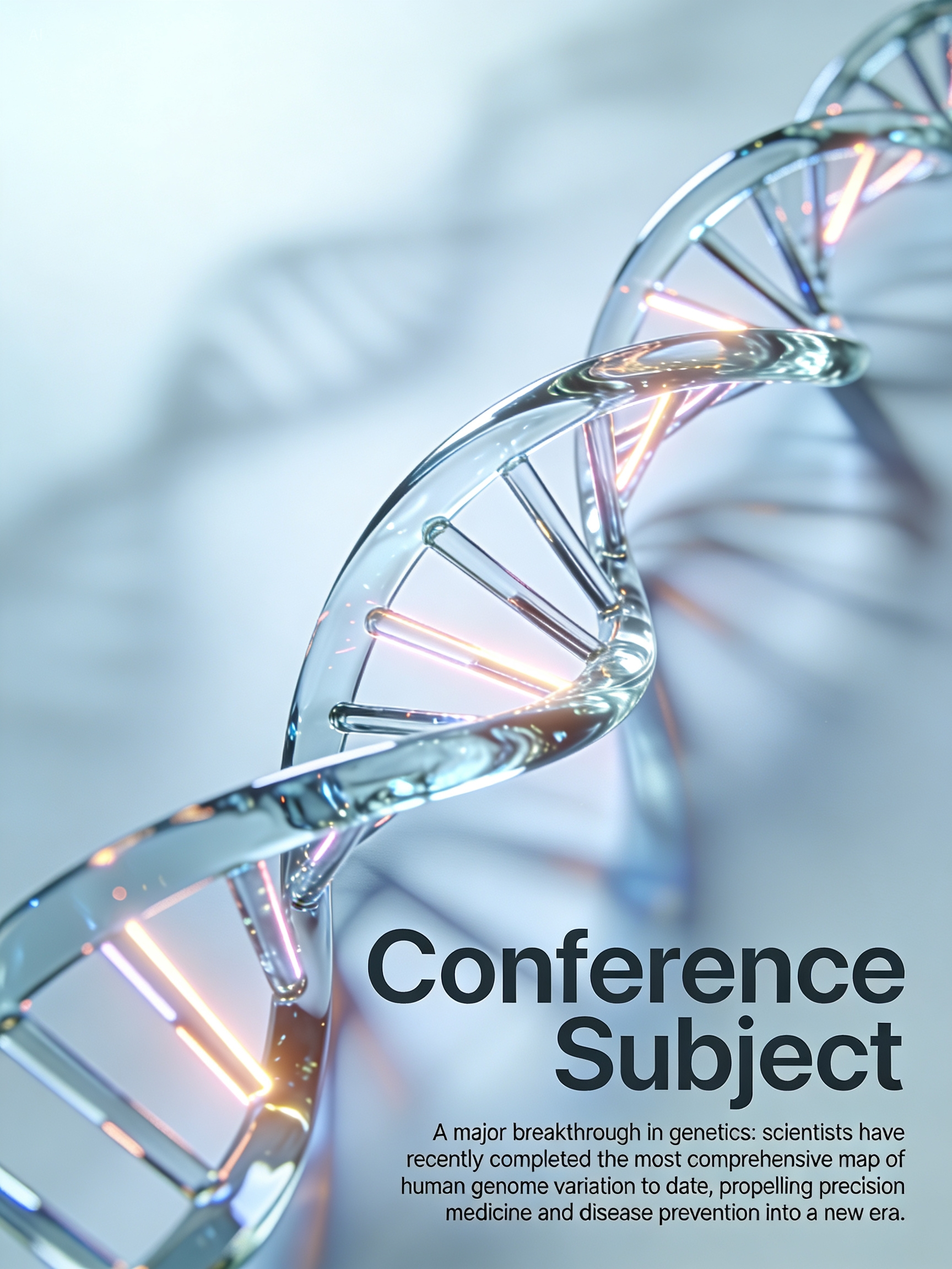 C4D-style educational poster design for an academic forum sharing session. The main subject is a translucent glass DNA double helix chain. Diagonal composition: in the lower right corner, the main text is displayed in large dark gray font: Conference Subject; below it, in smaller font: 《A major breakthrough in genetics: scientists have recently completed the most comprehensive map of human genome variation to date, propelling precision medicine and disease prevention into a new era》.