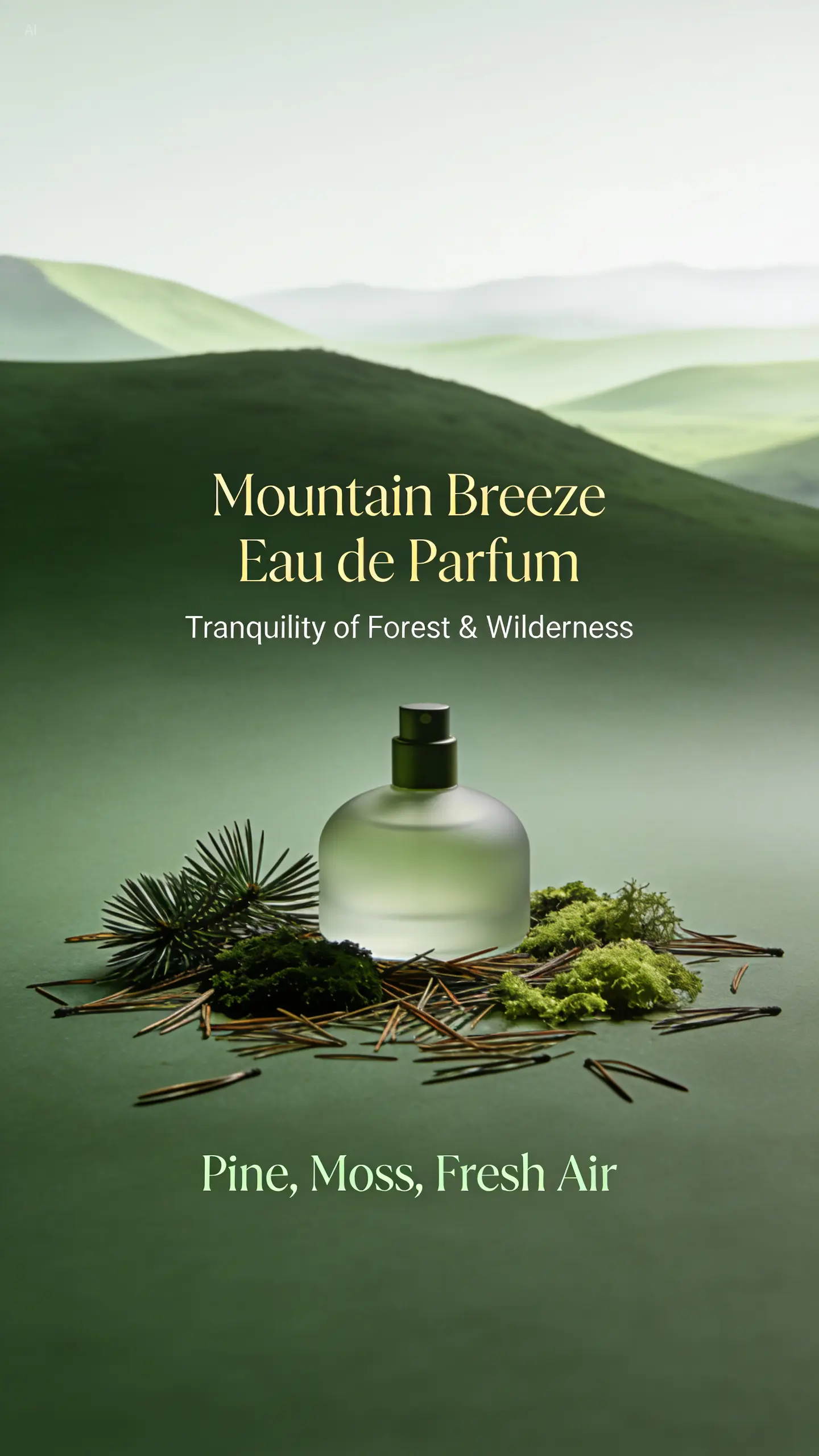 High-end fragrance product detail page, mainly in dark green and light green tones, with concise and elegant text and copy, conveying the tranquil atmosphere of mountain forests and open wilderness.