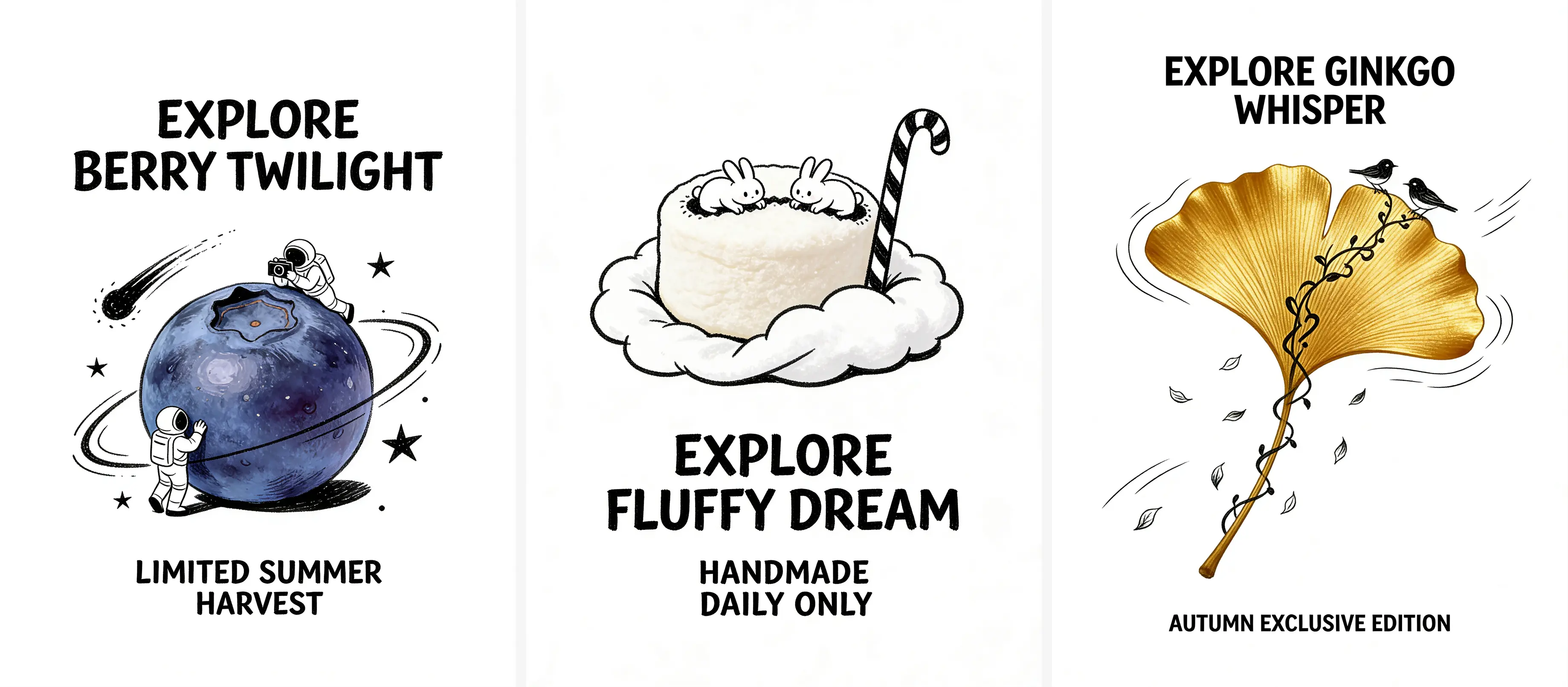 Three sets of minimalist creative advertising combinations: a fresh blueberry paired with hand-drawn black ink graffiti, featuring brisk and vivid lines; a fluffy handmade marshmallow paired with hand-drawn black ink graffiti, featuring soft wavy lines; a real ginkgo leaf paired with hand-drawn black ink graffiti, featuring elegant and smooth lines.