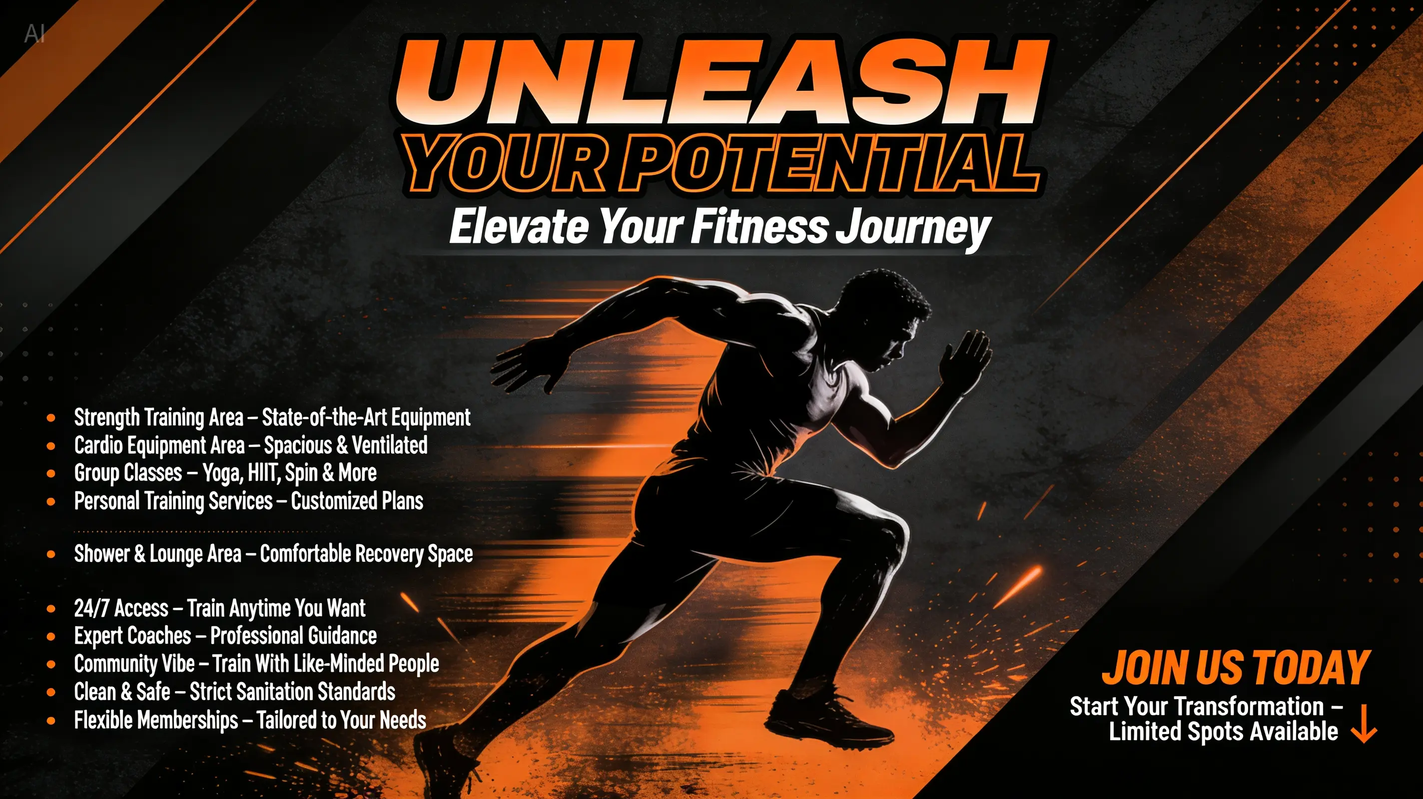 Black-orange dynamic style gym promotional key visual with layered typography elements. At the center stands an athlete's running silhouette, dynamic motion blur effect on limbs, and a concentrated posture that amplifies the sense of speed and power. The background features abstract geometric patterns in black, orange, and dark gray, with diagonal light streaks and energy burst effects to reinforce the dynamic vibe...