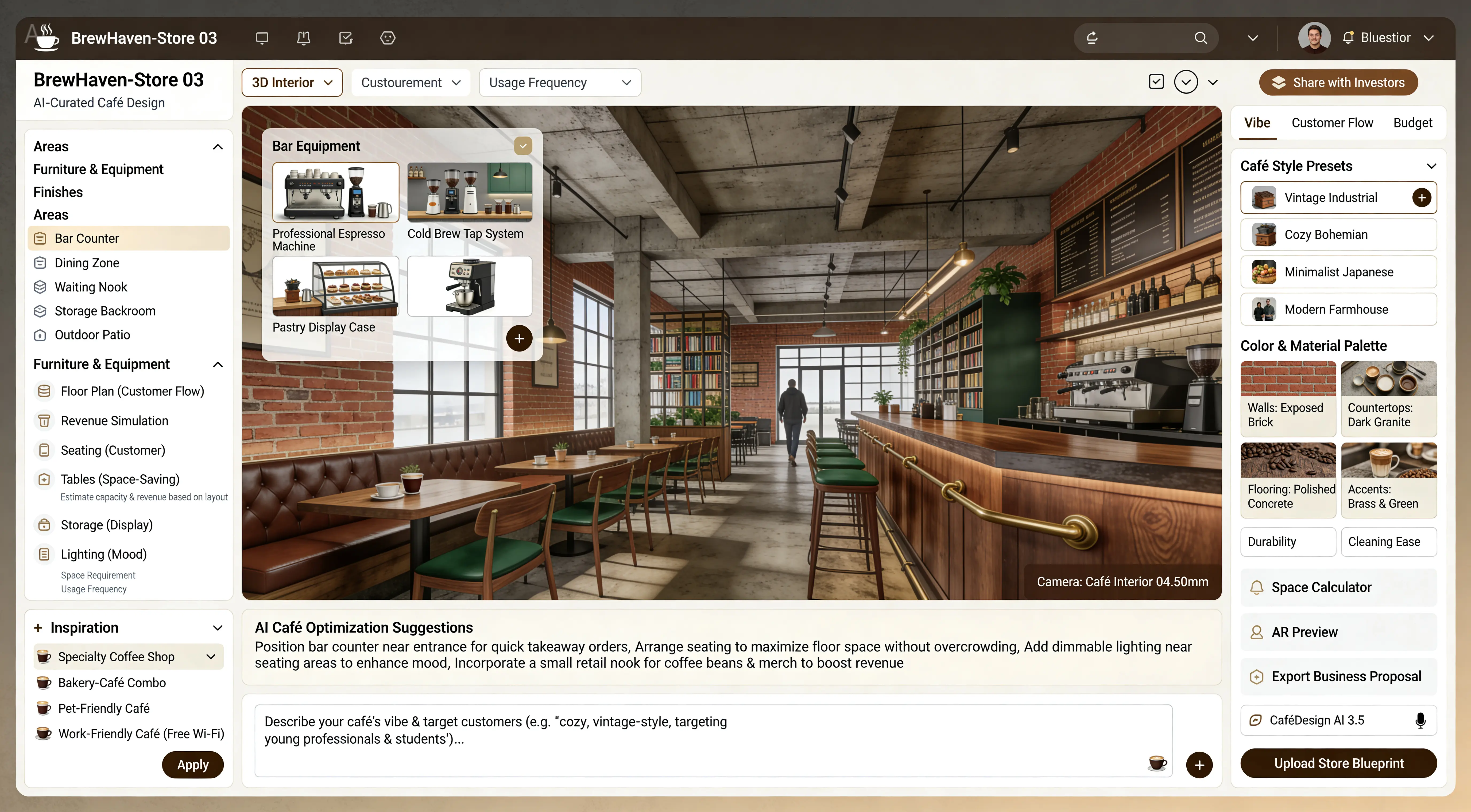 A full-process cafe design tool for entrepreneurs and designers. It covers core needs including store layout, functional zoning, decoration style, equipment selection, and customer group adaptation, supporting integrated planning of commercial attributes + aesthetic design... Suitable as a promotional image for a cafe design SaaS product, with a 16:9 aspect ratio.