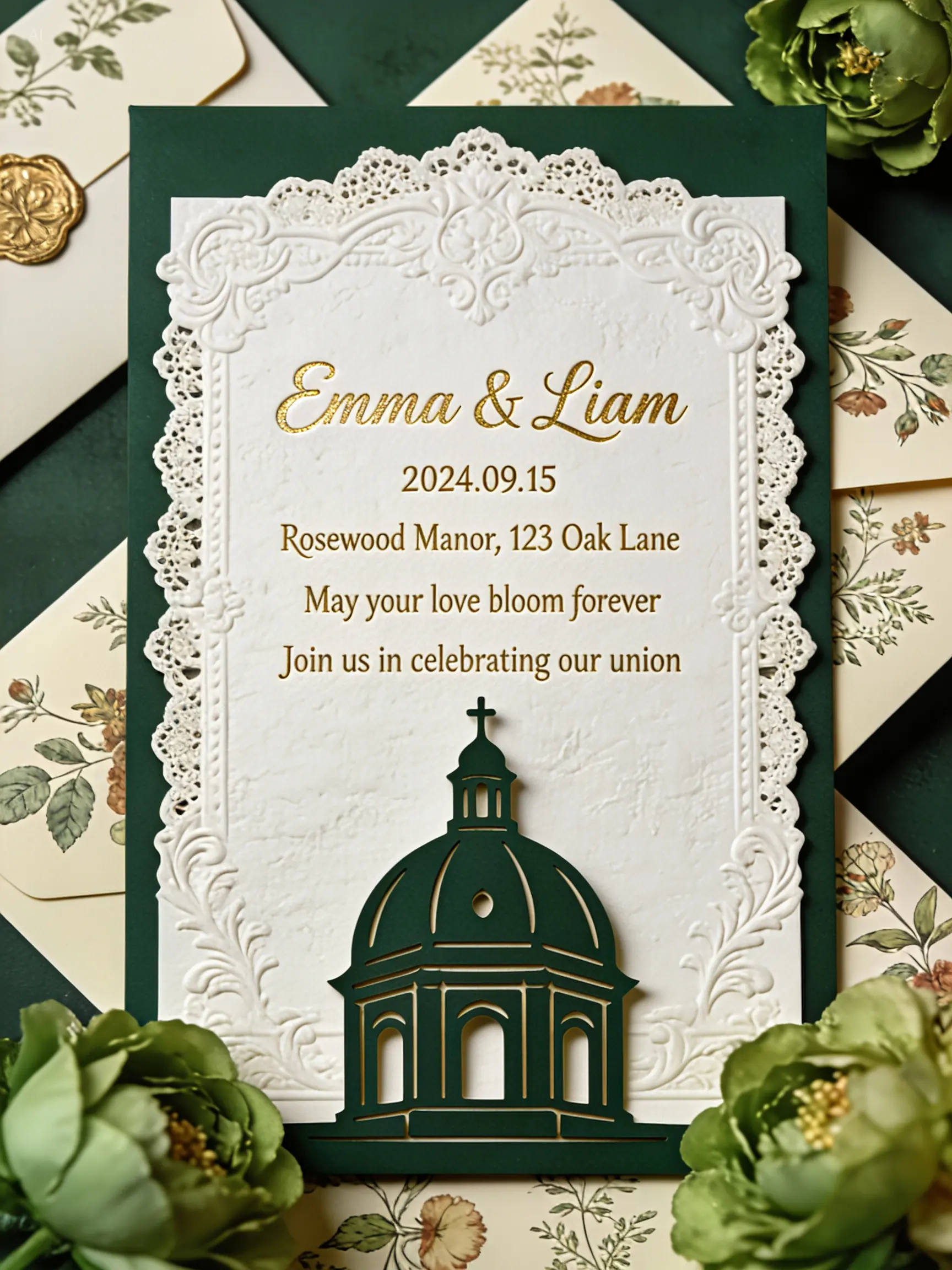 A European vintage-style wedding invitation design. The card has a dark green base, with textured white paper embossed with delicate patterns layered on top—its edges adorned with elaborate lace-like carvings. The card features elegant gold foil typography with wedding details: the names of the bride and groom, date, venue, blessings, and invitation message. At the bottom of the card, a dark green dome-shaped European church paper cutout serves as decoration. Surrounding it are envelopes with botanical patterns and green flowers.