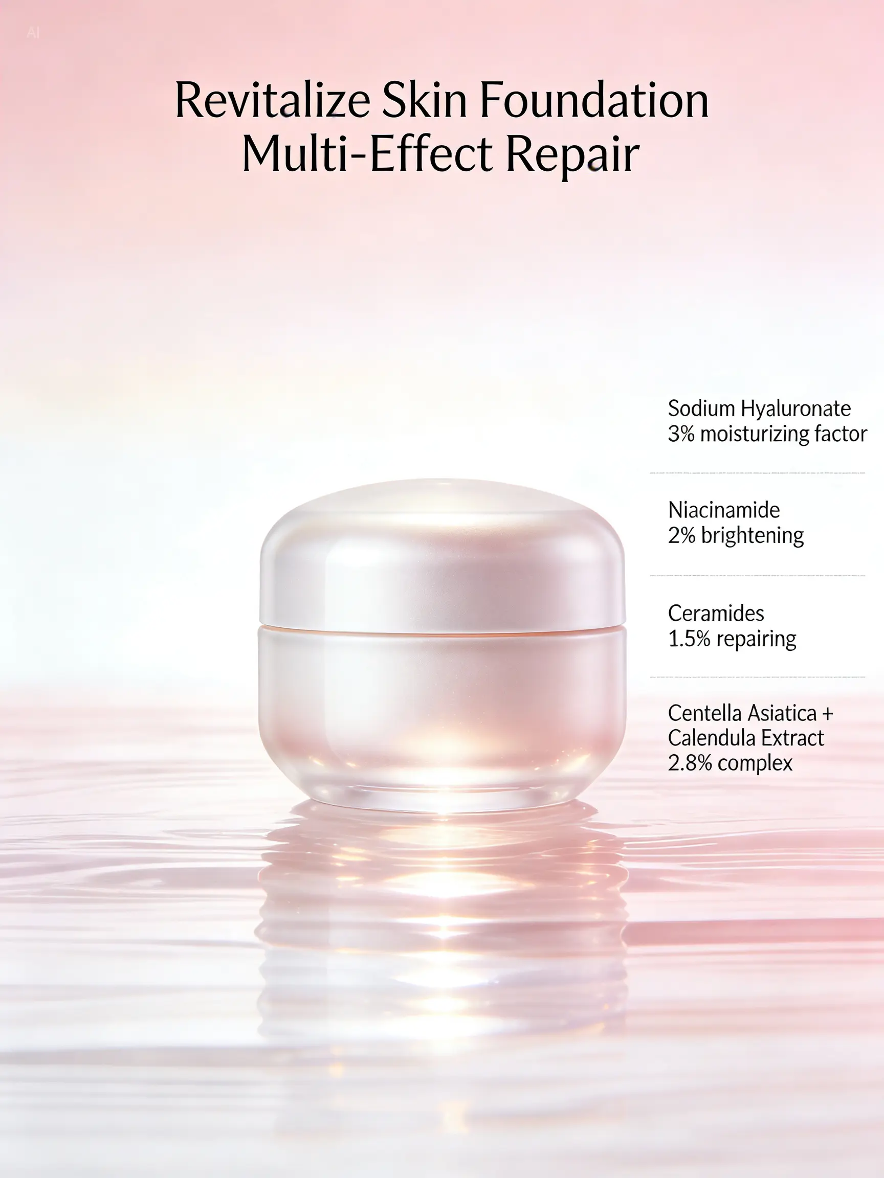 Beauty new product KV design with a pink-white gradient background. The product features soft light reflection. Large text at the top: Revitalize Skin Foundation Multi-Effect Repair. Small text for ingredient description on the right, arranged in sections: Sodium Hyaluronate 3% moisturizing factor; Niacinamide 2% brightening; Ceramides 1.5% repairing; Centella Asiatica + Calendula Extract 2.8% complex.